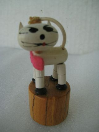 Vintage Wooden Jointed White Cat Push Button Spring Finger Puppet Toy