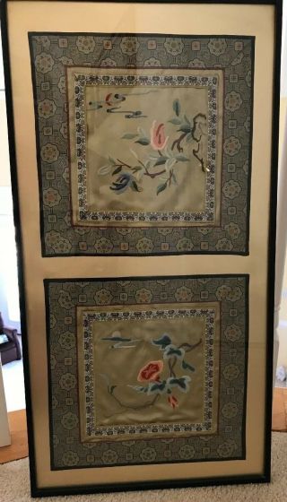 Mid Century Chinese Embroidery Forbidden Hand Stitch Silk Framed Panels