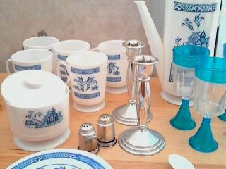 Vintage Blue Willow Plastic Child ' s Toy Tea Dishes Cups Pot Glasses Sugar,  23pcs 3