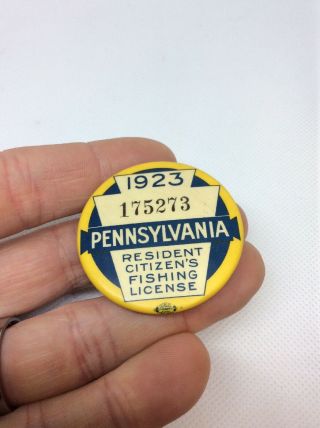 1923 Pa Pennsylvania Fishing License Resident Button Best Vtg 1st Year 2