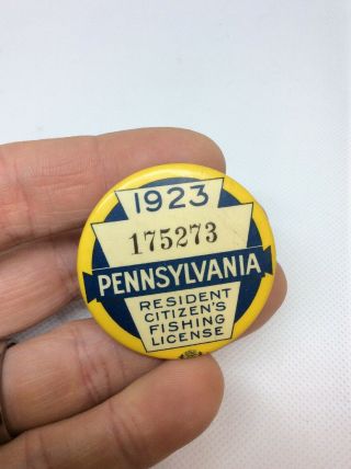 1923 Pa Pennsylvania Fishing License Resident Button Best Vtg 1st Year 3