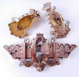 Antique Victorian Gold Filled Black Enamel Brooch Earrings Set Taille D 