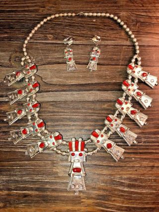 Vintage Native American Coral And Sterling Silver Kachina Jewelry Set Of 2