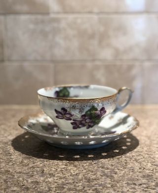 Vintage Enesco Violets Flowers Tea Cup Saucer Star Cutout Gold Plated Trim