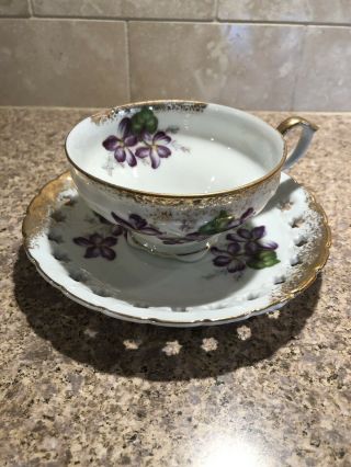 Vintage Enesco Violets Flowers Tea Cup Saucer Star Cutout Gold Plated Trim 2