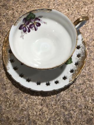 Vintage Enesco Violets Flowers Tea Cup Saucer Star Cutout Gold Plated Trim 3