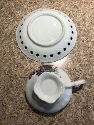 Vintage Enesco Violets Flowers Tea Cup Saucer Star Cutout Gold Plated Trim 4