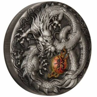 2019 Dragon 5oz Silver Antiqued Colored High Relief Coin - Mintage 388 6