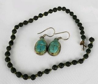Ancient Egyptian Faience Scarab Bead Earrings And String Of Beads With Bronze