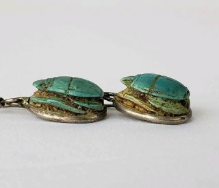 ANCIENT EGYPTIAN FAIENCE SCARAB BEAD EARRINGS AND STRING OF BEADS WITH BRONZE 3