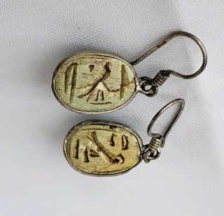 ANCIENT EGYPTIAN FAIENCE SCARAB BEAD EARRINGS AND STRING OF BEADS WITH BRONZE 6