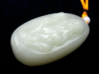 HeTian Jade Hand Carved LARGE Pendant Sculpture Longevity Holds Peach 02121905 5