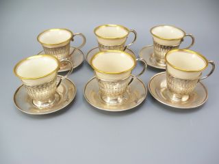 Set 6 Vintage Meriden Brittania Sterling Silver Lenox Demitasse Cups & Saucers