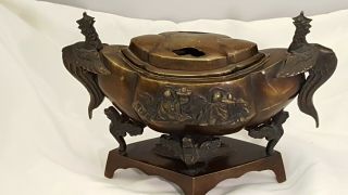 Antique Japanese Bronze / Brass Incense Burner Censer Phoenix Footed