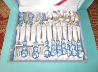 12pc Sterling Silver Forks & Spoons Set Blue Enamel Korea,  70,  99 Mark 242.  5g
