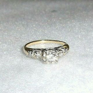Vintage Art Deco 14k Solid Yellow Gold Diamond Engagement Ring Aprox.  76 Ctw