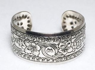 Vintage Sterling Silver Hand Chased Cuff Bracelet With Floral Lily Theme