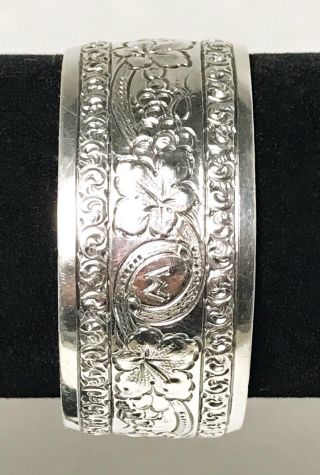 Vintage Sterling Silver Hand Chased Cuff Bracelet With Floral Lily Theme 3