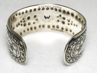 Vintage Sterling Silver Hand Chased Cuff Bracelet With Floral Lily Theme 6