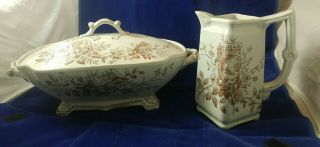 Antique E.  M.  & Co,  Edge Malkin Trentham Transferware Covered Dish & Sm.  Pitcher