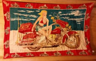 Vtg Motorcycle Tapestry Sexy Pinup Bikini Babe Beach Bikes Border Rare Man Cave