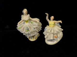 Vintage Dresden? Porcelain Lace Tutu Ballerina Set Of 2 Figurines Mini Germany