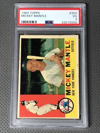 1960 Topps Mickey Mantle Psa 3 Vg 350 Vintage Baseball Card Yankees Hof