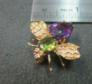 Vtg 14k Solid Y.  Gold Bee Brooch Pin Pendant Green Purple Stone Flying Insect