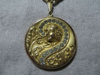 Ant.  Art Nouveau Gold Filled Woman Image Large Locket Pendant Stones Necklace