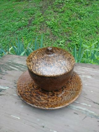 Vintage Wooden Coffee/teacup With Lid & Saucer Primitive Dark Tiger Wood Tone