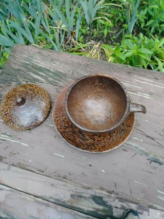 Vintage Wooden Coffee/Teacup with Lid & Saucer Primitive Dark Tiger Wood Tone 2