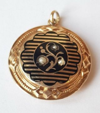 Antique Victorian 15ct Gold Seed Pearl Enamel Mourning Locket