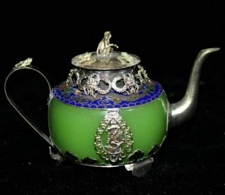 Collect Old Cloisonne Carve Dragon Inlay Green Jade Delicate Tea Pot Wine Pot