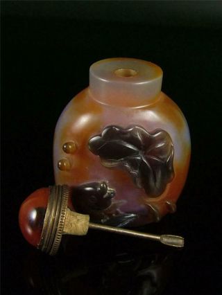 Natural Old Chinese Agate Snuff Bottle FISHES & LOTUS VEINS auspicious 5