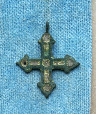 Antique 10 - 13th Century Viking - Age Bronze Medium - Size Cross Inlaid With Enamel