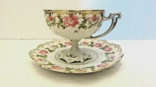 Lovely Mz Austria Antique Porcelain Pink Roses Footed Cup And Saucer