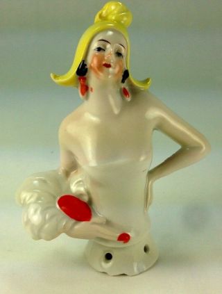 Art Deco Lovely Porcelain Half Doll Flapper With Yellow Hat Figurine.  Germany