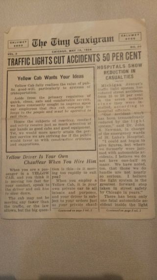 May 19,  1924 The Mini Taxigram 4 1/2 " X6 " 4 Page News Paper By Yellow Cab Chicago