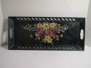 Vintage Hand Painted Metal Toleware Tole Tray Rectangle Black Gold Flora - L@@k