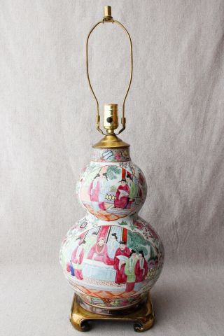 Antique Chinese Famille Rose Enameled Porcelain Gourd Shaped Vase Lamp 27 "