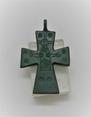 Ancient Byzantine Bronze Cross Pendant Depiction Of Saint Wearable