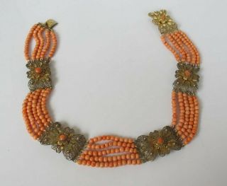 Antique Silver Gilt Filigree Natural Salmon Coral Beads Necklace