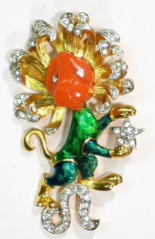 Rare Find Denicola Leo Lionenamel Pave Rhinestone Brooch Leo Zodiac