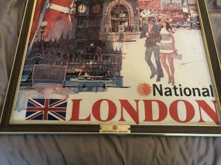Vintage 1970’s Framed Continental Airlines Travel Poster.  London Europe 7
