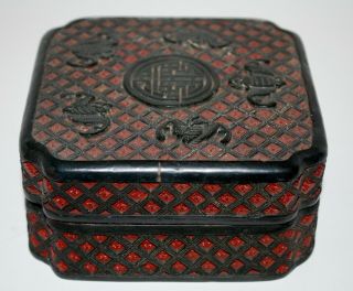 Antique Chinese Carved Lacquer Cinnabar Covered Box,  Good Fortune,  Bats. 12