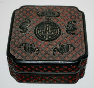 Antique Chinese Carved Lacquer Cinnabar Covered Box,  Good Fortune,  Bats. 2