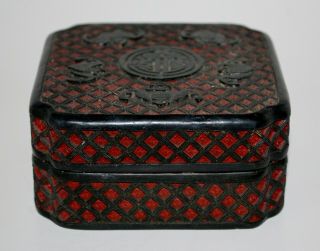 Antique Chinese Carved Lacquer Cinnabar Covered Box,  Good Fortune,  Bats. 5