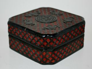 Antique Chinese Carved Lacquer Cinnabar Covered Box,  Good Fortune,  Bats. 6
