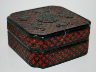 Antique Chinese Carved Lacquer Cinnabar Covered Box,  Good Fortune,  Bats. 7