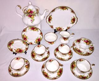 VTG Royal Albert OLD COUNTRY ROSES 23 Piece Tea Set for 6 XL Teapot ALL ENGLAND 12